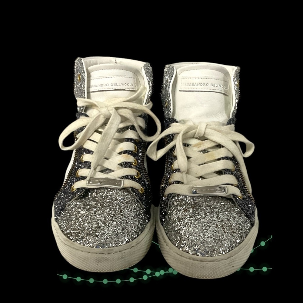 Alessandro Dell’Acqua Sneaker SZ 9 Leather Glitter White Silver Streetwear Women - Picture 2 of 12